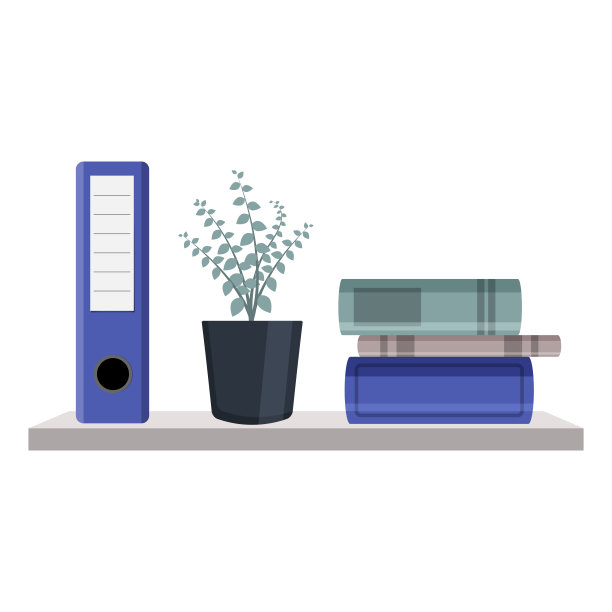 墙上的书架上有书、办公文件夹和室内植物图片下载