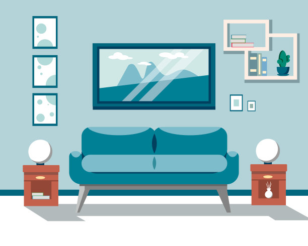 蓝色调的现代客厅内部。矢量室内设计的公寓图片下载