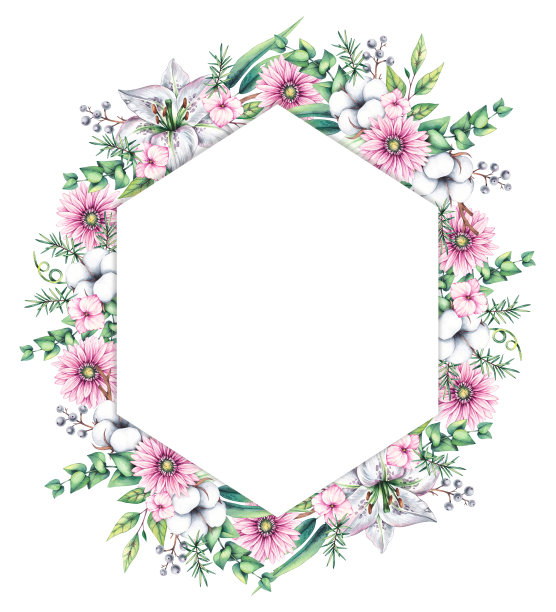 水彩花环与百合花，非洲菊，桉树图片下载