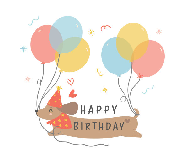 可爱的生日腊肠狗戴着派对帽，拿着气球。卡哇伊卡通手绘平面设计图文插画。图片下载