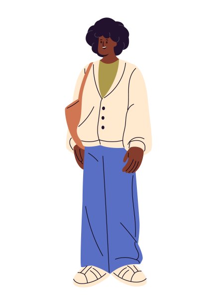 快乐的黑人妇女背着肩包。留着非洲式发型的年轻女孩穿着宽松的超大套装。女站着，等着。时尚的人，现代的时尚。平面隔离矢量插图上的白色图片下载