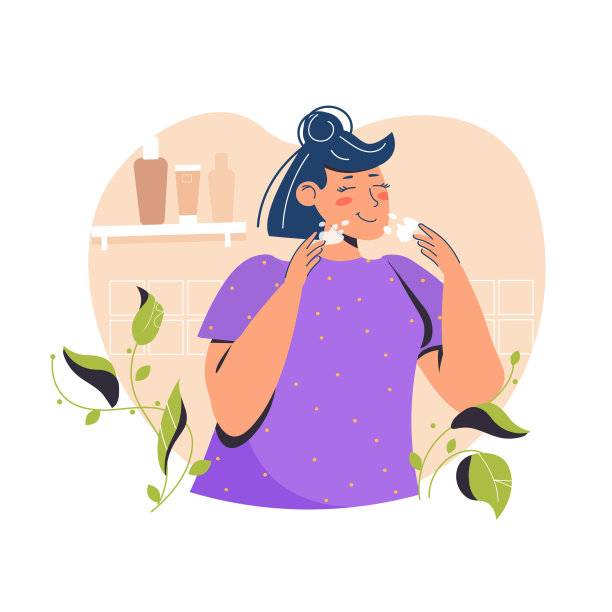 可爱的年轻女子在清洗她的皮肤。日常个人护肤，卫生程序，保湿。青少年皮肤，过敏，痤疮，粉刺，黑头。平面卡通彩色矢量插图图片下载