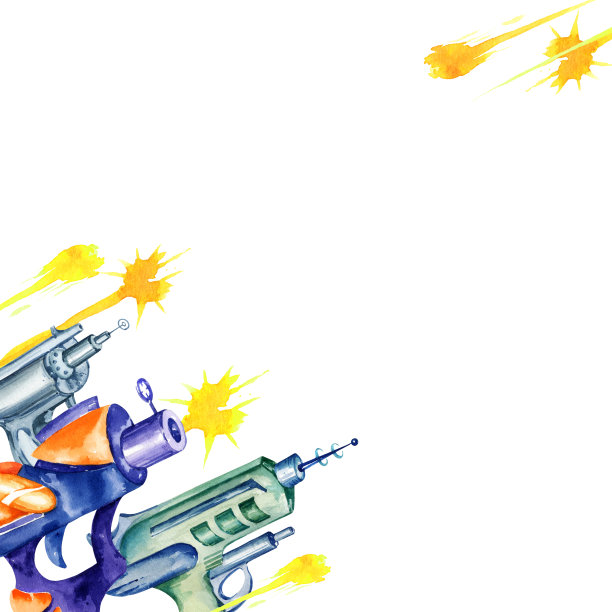 水彩手绘方形框架与玩具枪，梦幻般的武器，太空手枪，爆能枪和射线隔离在白色水彩背景，手绘素描，插图的男孩图片下载