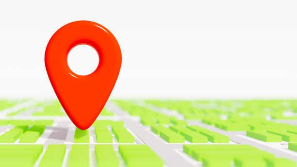 红色的位置或gps图标在绿色和白色的3d地图，位置和方向主题，3d插图图片下载