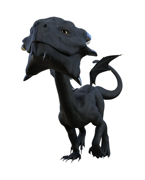 在白色的背景上，一只小黑龙闭着嘴和小翅膀行走的插图。图片下载