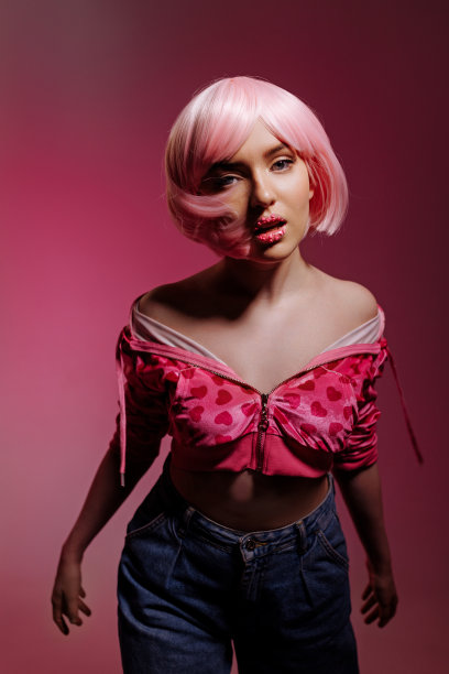 一名女模特站在粉红色的背景上拍摄照片。图片下载