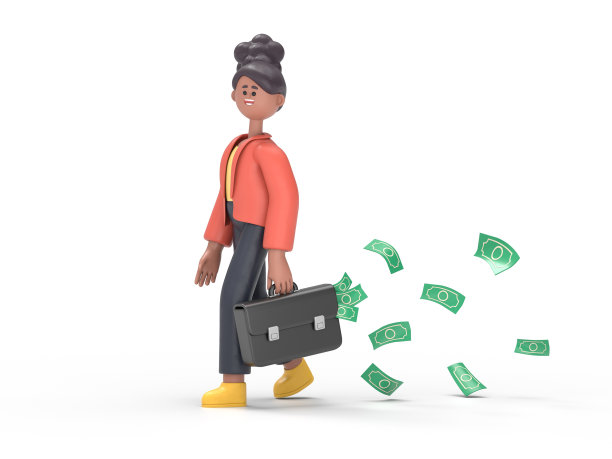 3D插图非洲妇女可可与一个完整的公文包的钱在手里和现金飞和落在后面。白色背景的3D渲染。图片下载