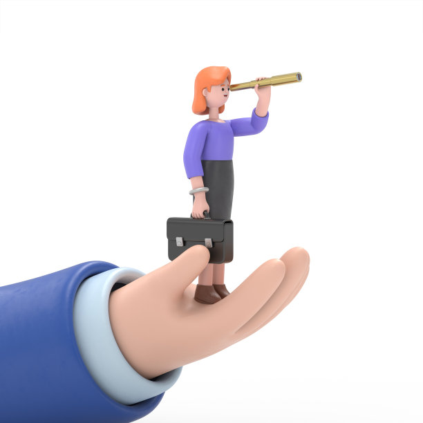 三维插图微笑的欧洲女商人艾伦与公文包在手寻找机会在望远镜。拿着望远镜的商人。寻找未来的新视角。团队合作，领导能力，远见卓识。图片下载