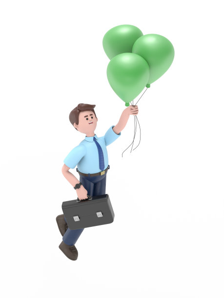 微笑的亚洲男子菲利克斯穿着西装，手持印有美元符号的气球在天空中飞行的3D插图。成功、财富、富足的概念。白色背景的3D渲染。图片下载