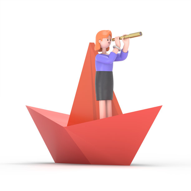 三维插图微笑的欧洲女商人艾伦。业务和管理方向。纸船，水上之船，平面商业漫画，领导力概念。白色背景的3D渲染。图片下载