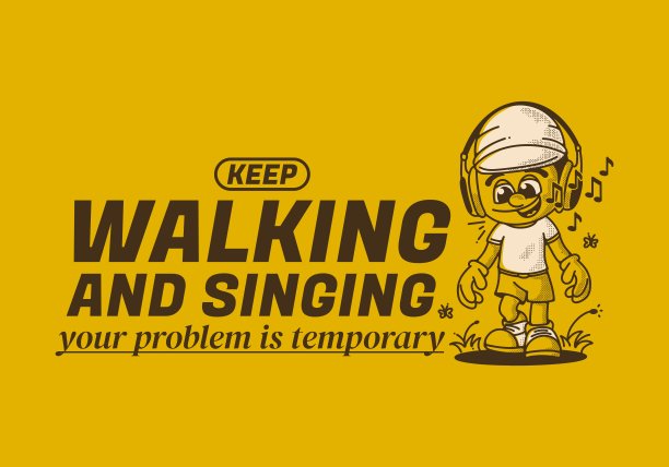 边走边唱歌。一个戴着耳机走路的男孩的复古插图图片下载