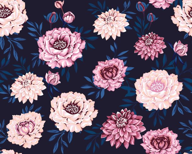 繁花似锦，花蕾叶花纹无缝。矢量手绘。抽象，艺术，白色粉红色的大丽花，牡丹和叶子在黑色的背景印刷。模板设计，纺织，时装，印花，表面设计，面料图片下载