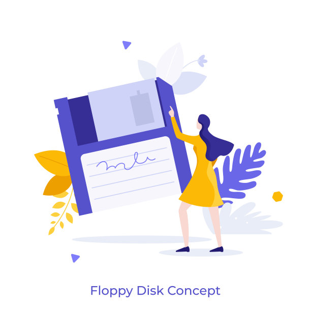 女孩指着软盘。软盘概念，数字数据保存，文件存储，归档备份，复古技术，旧格式。现代平面彩色矢量插图的横幅，海报。图片下载