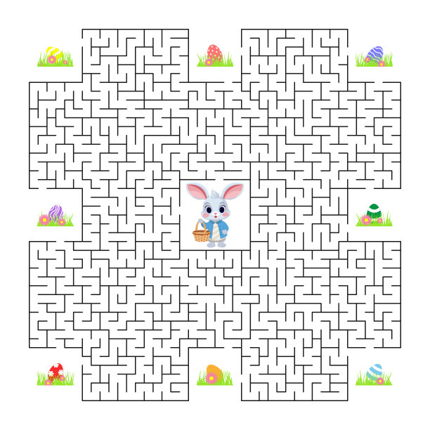 矢量插图。复活节迷宫游戏。兔子收集复活节彩蛋，寻找走出迷宫的路。儿童游戏图片下载