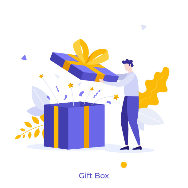 男人打开礼品盒，看着节日彩纸飞出。生日礼物、节日祝福、惊喜派对概念。现代扁平风格矢量插画，适用于banner、海报。图片下载