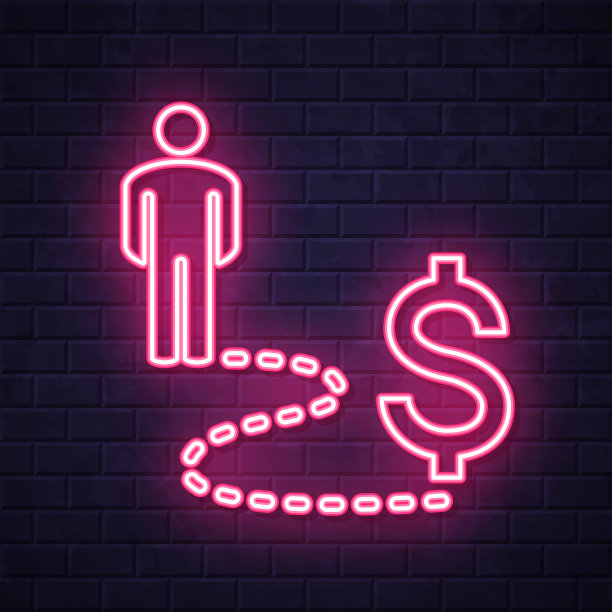 有人在美元路上。在砖墙背景上发光的霓虹灯图标图片下载