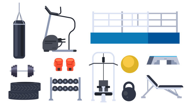 健身器材剪影运动健身配件孤立套。矢量平面图形设计插图图片下载