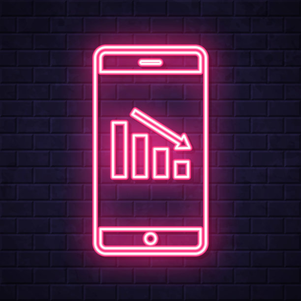 智能手机上的递减图。在砖墙背景上发光的霓虹灯图标图片下载
