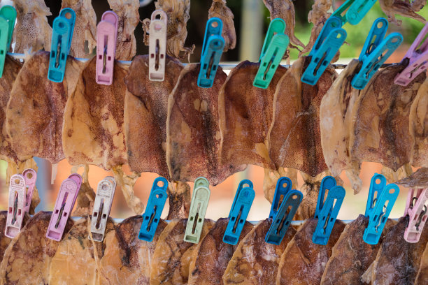 干鱿鱼用五颜六色的衣夹一排挂着。晒干的墨鱼，泰国街头小吃。图片下载