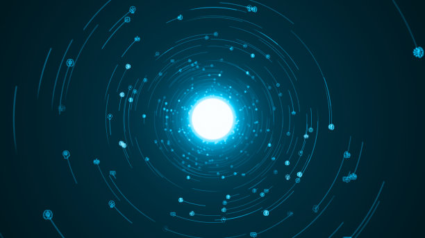 蓝色的AI图标在圆形中漂浮旋转，就像在空间中抽象的背景AI聊天机器人和机器学习技术概念图片下载