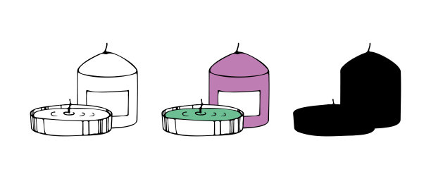 香薰蜡烛手绘艺术。涂鸦矢量轮廓，彩色插图。集素描和黑色剪影图片图片下载