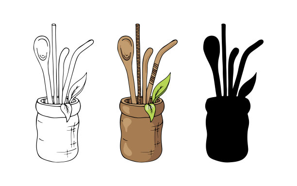 茶道设计元素以手绘风格为主。涂鸦矢量轮廓，彩色插图。集素描和黑色剪影图片。图片下载