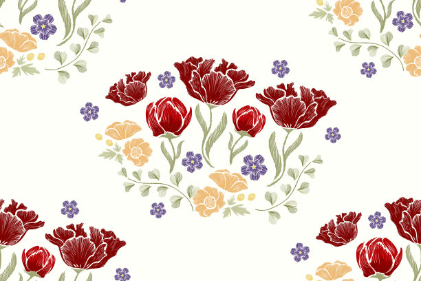 伊卡特花卉图案郁金香花刺绣在白色的背景。花图案无缝Ikat图案设计。矢量插图。图片下载