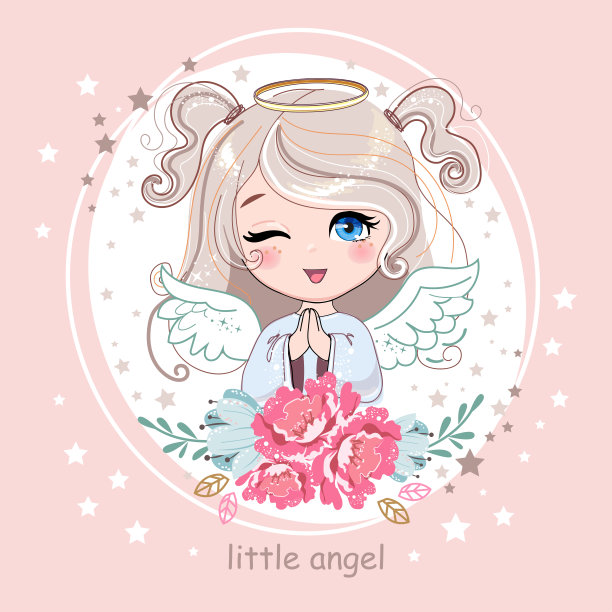 美丽的卡通小天使女孩与花在粉红色的背景。矢量插图的孩子。新出生的图片下载