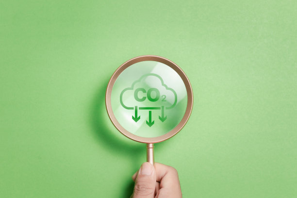 绿色经营理念，手持放大镜带有减少二氧化碳排放的碳图标。气候变化限制全球变暖，实现可持续发展。图片下载