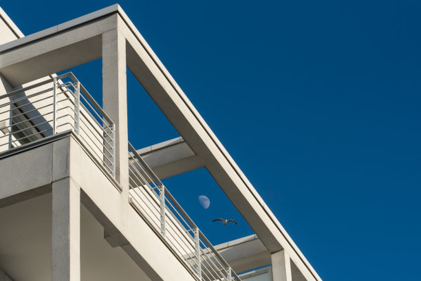 天空中有海鸥和月亮的现代建筑图片下载