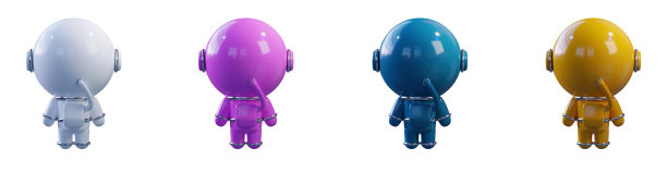 四名宇航员穿着不同颜色的宇航服，3D渲染。后视图。图片下载