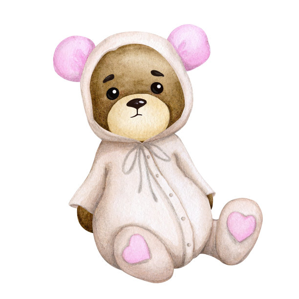 穿着睡衣的可爱熊宝宝。水彩儿童插画。婴儿派对，生日派对，儿童派对。设计元素的邀请函，卡片，包装，贺卡，标志，标签，文具等。图片下载
