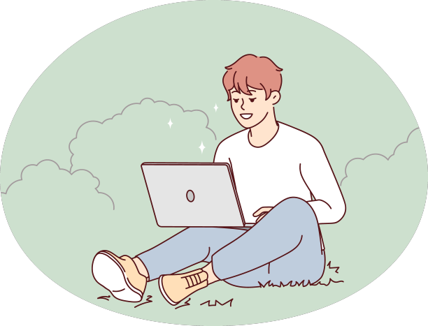 一个面带微笑的人坐在户外用电脑工作图片下载