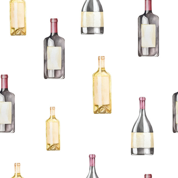 无缝图案与酒瓶。水彩插图。白色背景上的酒精饮料。用于咖啡厅和餐厅菜单、标签的设计图片下载
