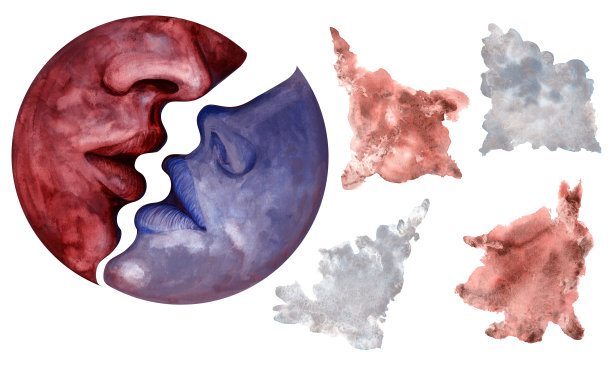 水彩月亮新月，情侣浪漫亲吻手绘插画。图片下载