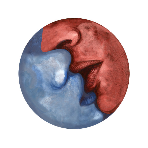 水彩月亮新月，情侣浪漫亲吻手绘插画。图片下载