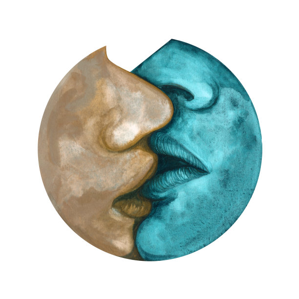 水彩月亮新月，情侣浪漫亲吻手绘插画。图片下载