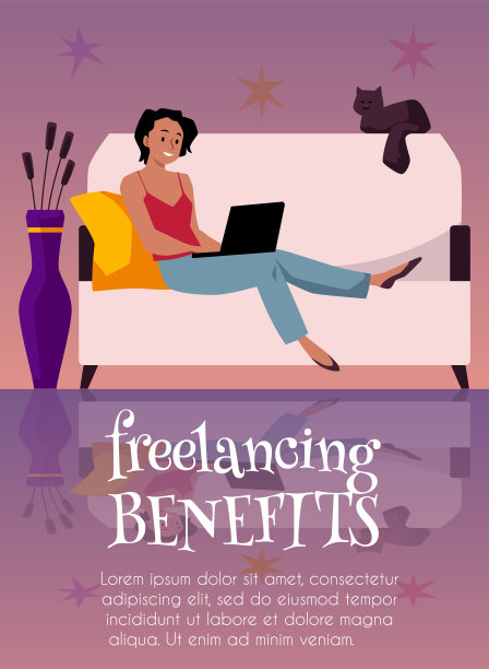 自由职业者的好处矢量海报，自由职业者妇女工作放松在家里的笔记本电脑上，舒适舒适的工作场所与猫图片下载