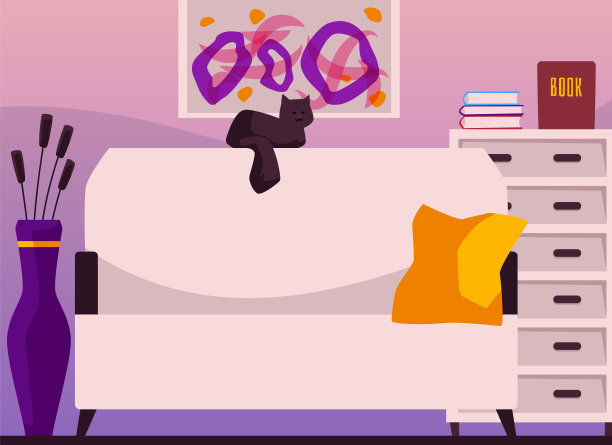 客厅内部，沙发与猫，家具与书籍，鲜花和图片，矢量插图家庭工作场所图片下载