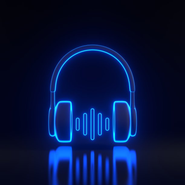 耳机和声波与明亮的未来主义蓝色霓虹灯在黑色背景图片下载