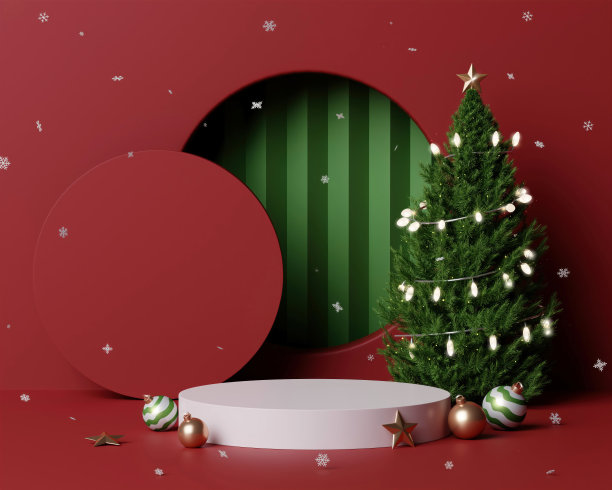 3d圣诞树平台。逼真的3d设计舞台讲台。装饰节日元素的玻璃球。圣诞假期模板讲台。图片下载