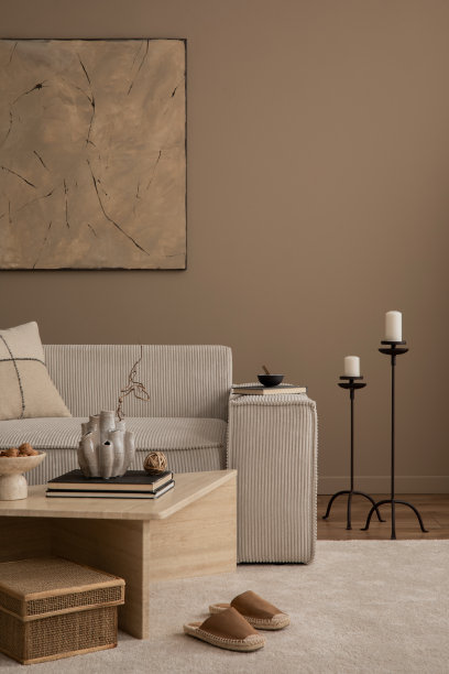 极简主义的客厅内部组成，模拟海报框架，米色沙发，石灰华咖啡桌，编织篮子，黑色烛台和个人配件。家居装饰。模板。图片下载