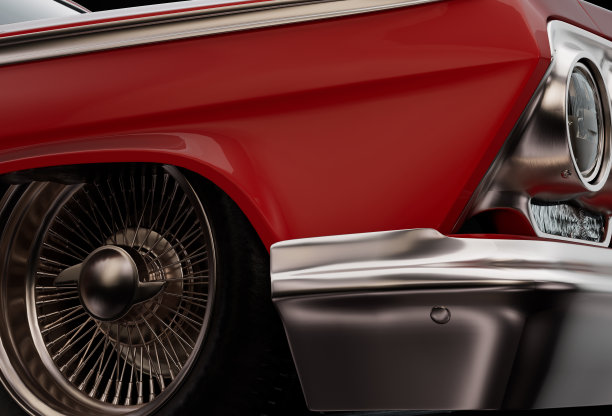 近距离的复古3D渲染经典汽车前挡泥板和车轮图片下载