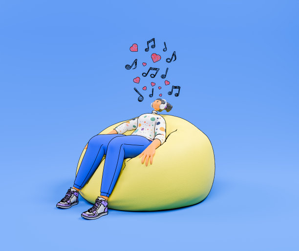 卡通女人放松与音乐音符和心豆袋图片下载