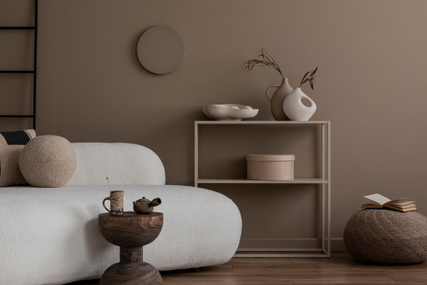 极简主义的客厅室内构成，用圆形沙发，米色架子，时尚的干花花瓶，黑色的梯子，棕色的墙壁，盒子和个人配件。家居装饰。模板。图片下载