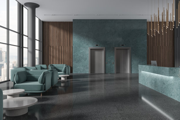 豪华的办公室内大堂，设有前台和电梯，全景窗图片下载