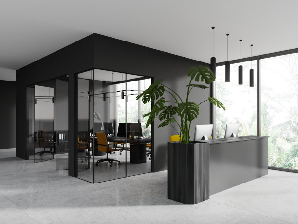 灰色的办公室内部设有接待台和联合工作室，全景窗户图片下载