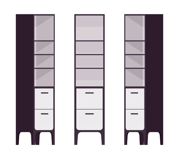 高大的橱柜套装，狭窄的黑色书架陈列图片下载