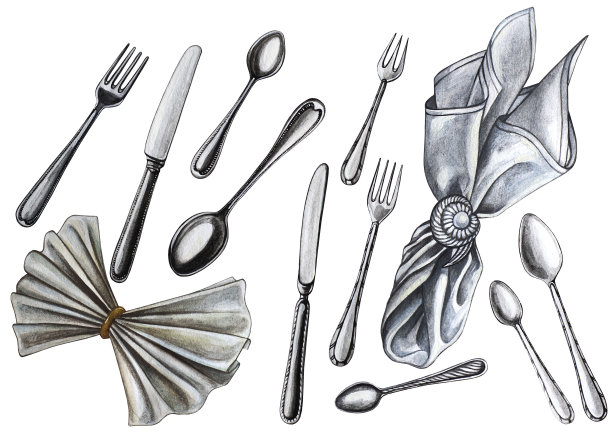 一套不同的刀，勺子，叉子和纺织品餐巾画水彩，手绘插图在白色的背景。图片下载