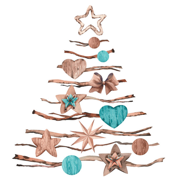 圣诞树形状的树枝与手工装饰。图片下载